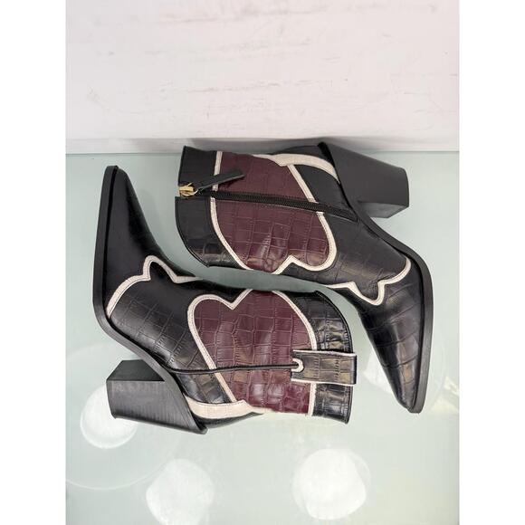 Zara Croc Embossed Western Ankle Boots Black Re Leather Pointed Toe EU 36 US 6 - Picture 3 of 7
